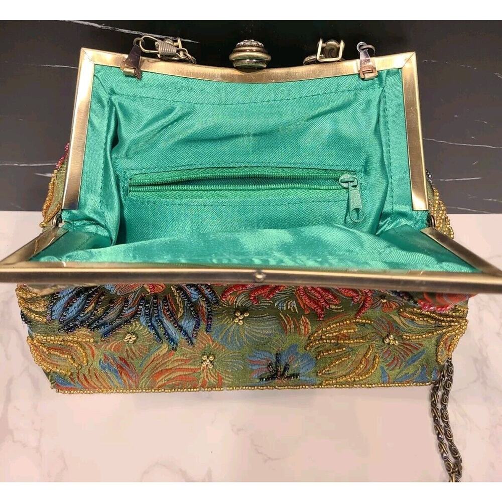 Embroidered Beaded Floral Evening Shoulder Bag - Green - Picture 7 of 11